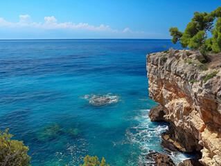 Wall Mural - A beautiful blue ocean with a rocky cliff in the background. The water is calm and the sky is clear