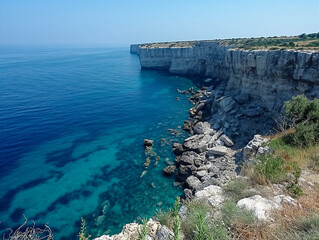 Wall Mural - A beautiful blue ocean with a rocky shoreline. The water is calm and clear, and the rocks are scattered along the shore. The scene is peaceful and serene, with the ocean