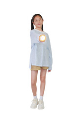 Wall Mural - Asian girl child hold and shining a flashlight straight to camera isolated on white background. Kid and discovery concept. Full body photo with clipping path.