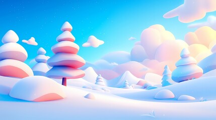 Wall Mural - A serene winter landscape with stylized snow-covered trees and soft pastel clouds.