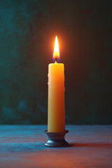 Poster - A single candle burning low, isolated on a pastel cream background, symbolizing the scarcity of electricity and basic amenities,