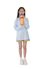 Wall Mural - Asian girl child in casual clothes drinking water from bottle while standing isolated on white studio background. Full body photo with clipping path.