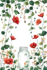 Wall Mural - Watercolor Illustration of Red Flowers and Glass Jar with Greenery