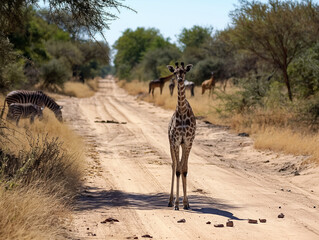 Poster - A giraffe stands on a dirt road next to a road with zebras grazing in the background