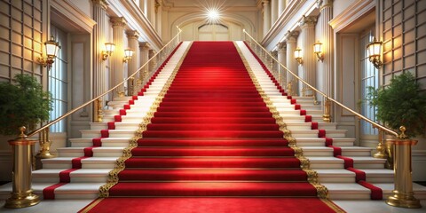 Luxurious red carpet staircase leading to a holiday awards ceremony event, luxury, elegant, red carpet, staircase