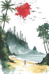 Wall Mural - Solitary Surfer on a Sandy Beach