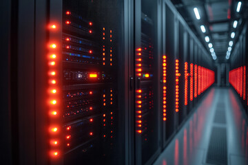 Poster - A sleek server rack with blinking lights, isolated on a soft pastel gray background, symbolizing the core of data storage,
