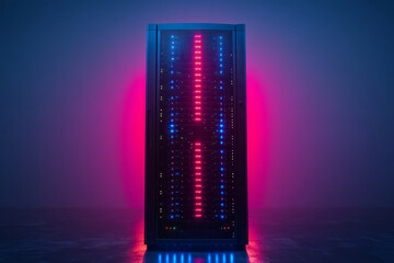Aufkleber - A sleek server rack with blinking lights, isolated on a soft pastel gray background, symbolizing the core of data storage,