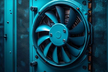 Poster - A cooling fan inside a server, isolated on a pastel mint background, representing the importance of temperature control in data centers,