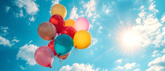 A collection of vibrant balloons soaring against a clear blue sky with plenty of area for writing or background use, Generative AI.