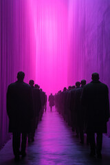 Fototapete - A group of figures walking away from a negotiation table, isolated on a pastel lavender background, representing failed diplomacy,
