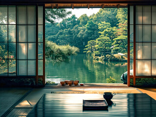 Poster - A serene scene of a lake with a house in the background. The house has a large window that overlooks the lake. The room is furnished with a table and chairs, and a cup is placed on the table