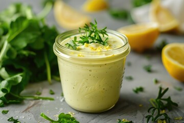 Wall Mural - A jar of creamy mayonnaise with sliced lemons and fresh parsley