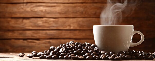 Wall Mural - A steaming cup of coffee with roasted coffee beans against a rustic wood background.