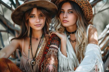 Wall Mural - Two female friends sit together, possibly having a conversation or sharing a moment