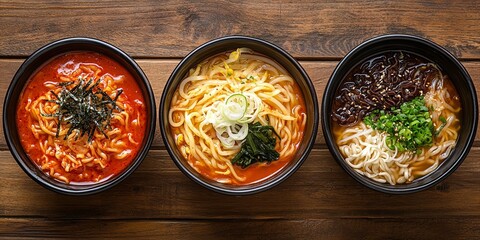 Three bowls of ramen noodles with different toppings, including seaweed, scallions, and a spicy red sauce.