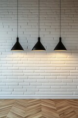 Wall Mural - three black pendant lights hang against a white brick wall above a wood herringbone floor.