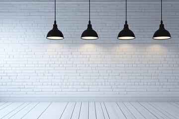 Wall Mural - white brick wall with four black pendant lights.