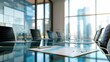 © puji - A sleek boardroom interior featuring a large glass table, documentation, and a panoramic view of the city skyline