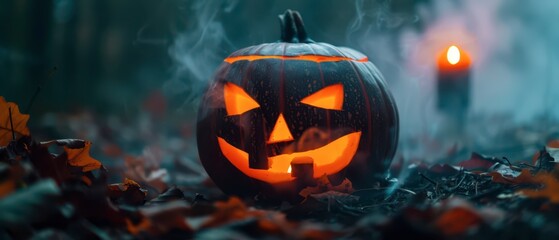 Poster - Carved pumpkin glowing in a spooky forest during Halloween night