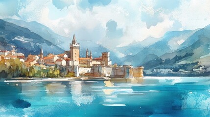 Wall Mural - Watercolor illustration of a landscape featuring a prominent fortress and a river showcasing a famous landmark