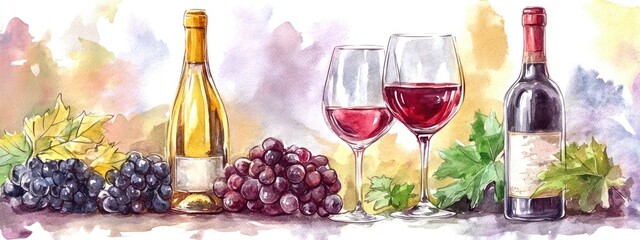 Watercolor illustration depicting wine in a hand drawn style