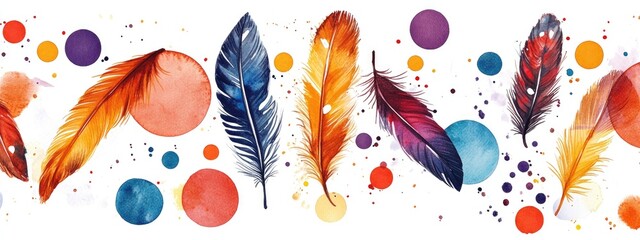 Poster - Watercolor design featuring feathers and circles on a white background