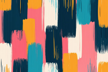 Wall Mural - Colorful abstract painting with bold brush strokes in blue, yellow, pink, and white, creating a vibrant and dynamic pattern on a rectangular canvas.