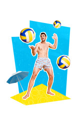 Wall Mural - Poster creative illustration pop pinup sketch picture image collage of cheerful crazy sporty guy play volleyball on drawing background