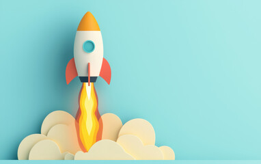 Poster - Colorful modern rocket taking off against a gradient light blue background with puffy clouds. Symbolic of innovation, startup, and progress.