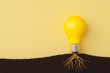 Poster - A vibrant yellow light bulb with roots growing into the soil, symbolizing innovation, growth, and new ideas in a minimalistic composition.