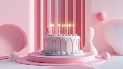 Stylish birthday scene with a luxury cake and candles flat design, front view, modern elegance theme, 3D render, Triadic Color Scheme