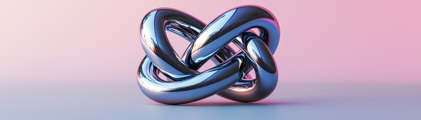 Poster - Sleek metallic knot sculpture against a soft gradient background, symbolizing unity and complexity in modern design and art.