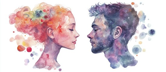 watercolor illustration depicting male and female profiles centered around themes of romance relatio