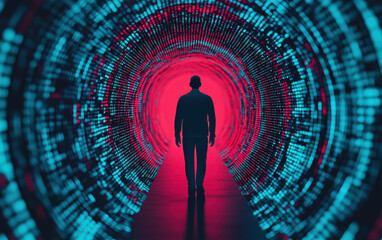 Poster - Silhouette of a person walking through a futuristic digital tunnel illuminated by vibrant red and blue lights, symbolizing technology and innovation.