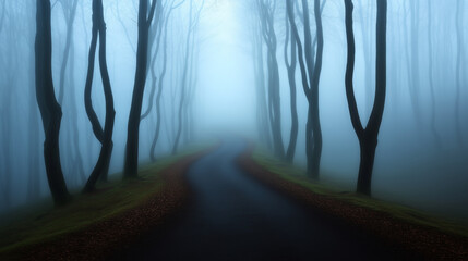 Wall Mural - halloween misty dimly lit forest road with twisted trees and fog eerie otherworldly atmosphere