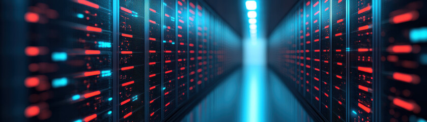 Poster - A long corridor of a modern data center illuminated by red and blue lights, showcasing powerful servers and advanced technology infrastructure.