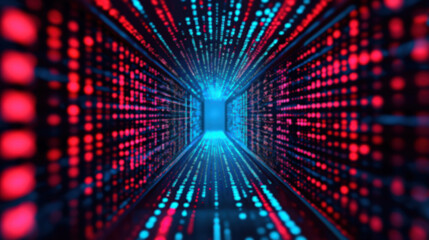 Poster - A futuristic tunnel with bright red and blue lights representing digital technology and innovation. Concept of data transfer and cyber space.
