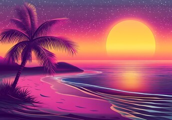 Wall Mural - 80s synthwave sunset on the beach with palm trees, simple vector illustration, flat colors, pink and purple palette, simple shapes, vector art style