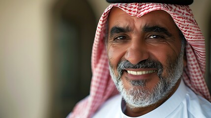 A man with a red and white scarf on his head and a white shirt