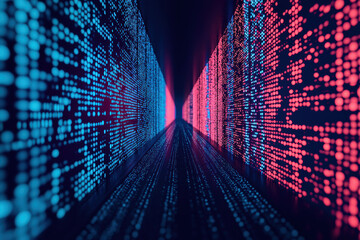 Poster - Digital abstract tunnel formed by blue and red lights representing data flow and technology in a futuristic concept.