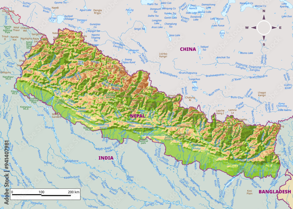 Detailed physical map of Nepal Stock Vector | Adobe Stock