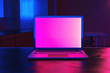 Poster - A laptop computer sits on top of a wooden table, ready for use