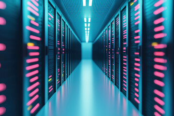 Poster - Modern data center corridor with rows of server racks and glowing lights, showcasing advanced technology and  connectivity.