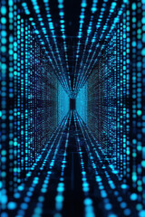 Poster - Futuristic glowing tunnel with blue LED lights creating an infinite, sci-fi-inspired digital corridor. Perfect for technology, innovation, and virtual reality themes.