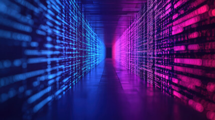 Poster - Futuristic corridor with vibrant blue and pink digital lights, symbolizing modern technology, innovation, and data flow in a cyber space environment.