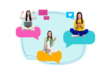 Poster - Picture poster collage of happy girls friends popular bloggers chatting social media messengers isolated on drawing background