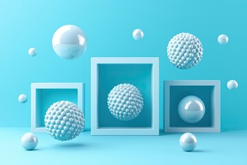 Poster - Stylish arrangement of spheres and frames in turquoise background, showcasing modern design and abstract elements.