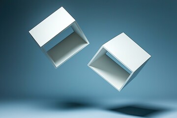 Aufkleber - Dynamic composition of floating white cubes against a soft blue background, creating a modern and minimalist aesthetic.