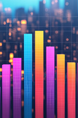 Poster - Colorful bar chart illustration with abstract cityscape background, depicting data trends and business analytics in a digital format.